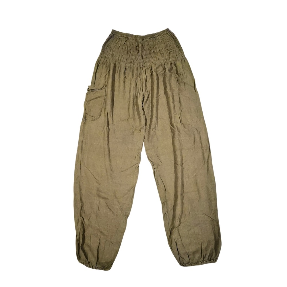 Boho Olive Green Cotton Harem Pants Smocked Waist Joggers Thailand Cargo Pocket